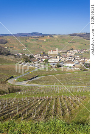 Fuisse village in Saone et Loire with vineyards and winding road Fuisse village in Saone et Loire with vineyards and winding road 133696181