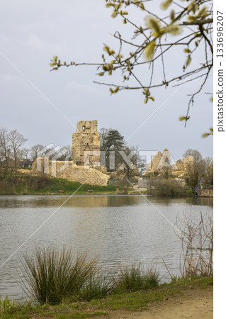 Chateau de Saint Aubin du Cormier ruins overlooking a tranquil lake 133696207