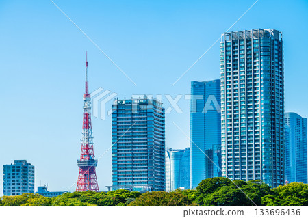 Tokyo cityscape in Japan: Views of Roppongi Hills, Azabudai Hills Mori JP Tower, Tokyo Tower, etc. 133696436