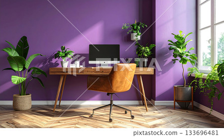 人工智慧生成的現代家庭辦公室圖像，其特色包括紫色牆壁、被室內植物環繞的木製辦公桌等等。 133696481