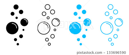 Air bubble icons in outline style. Floating foam, water droplets and carbonated fizz for laundry, beverages and fresh water visuals. 133696590