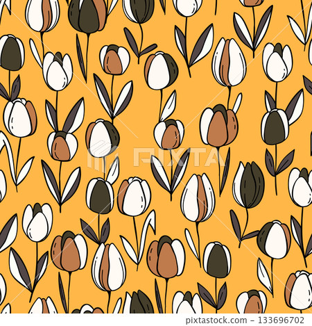 Floral colorful vector illustration with tulips. Simple minimalistic pattern with nature elements. Vector illustration for fabric, textile, poster, invitation. Trendy hand drawn textures Floral colorful vector illustration with tulips. Simple minimalistic pattern with nature elements. Vector illustration for fabric, textile, poster, invitation. Trendy hand drawn textures 133696702