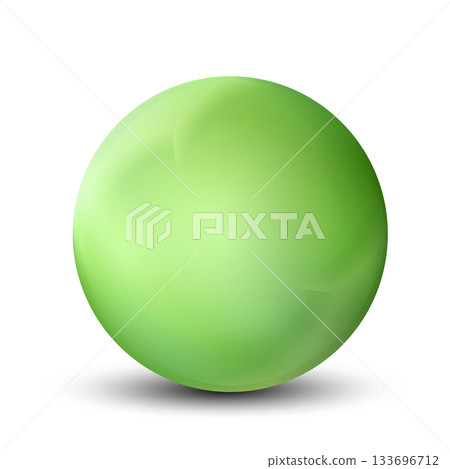 Glass green ball or precious pearl. Glossy realistic ball, 3D sphere. Abstract vector illustration highlighted on a white background. Big metal bubble with shadow 133696712