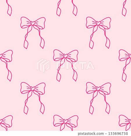 Pink seamless pattern with hand drawn bows featuring coquette aesthetic ribbons on soft pastel background for girly decorative projects. Pink seamless pattern with hand drawn bows featuring coquette aesthetic ribbons on soft pastel background for girly decorative projects. 133696738