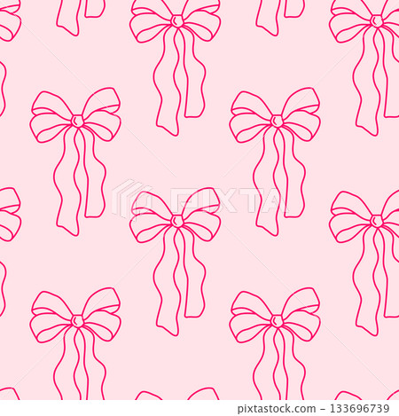 Pink seamless pattern with hand drawn bows designed with whimsical coquette charm for sweet ribbon themed prints used in invitations and packaging. Pink seamless pattern with hand drawn bows designed with whimsical coquette charm for sweet ribbon themed prints used in invitations and packaging. 133696739