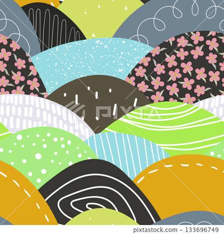Seamless floral pattern based on traditional folk art ornaments. Colorful flowers on color background. Scandinavian style. Sweden nordic style. Vector illustration. Simple minimalistic pattern 133696749