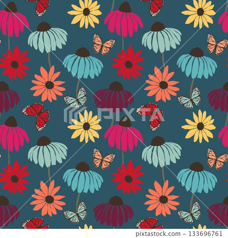 Seamless floral pattern based on traditional folk art ornaments. Colorful flowers on color background. Scandinavian style. Sweden nordic style. Vector illustration. Simple minimalistic pattern 133696761
