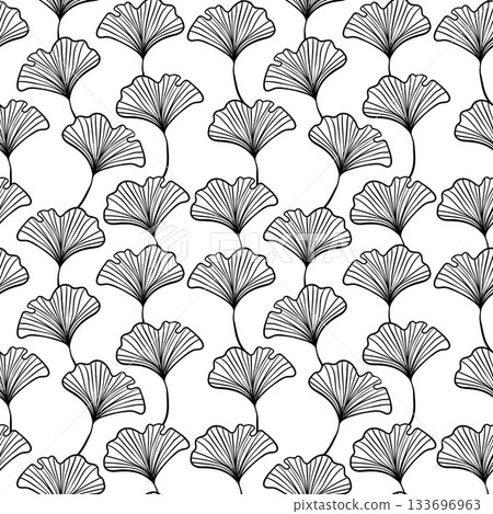 Seamless floral pattern with ginkgo biloba leaves. Art flowers on color background. Decorative sceleton leaf. Vector hand drawn illustration. Minimal linear style Seamless floral pattern with ginkgo biloba leaves. Art flowers on color background. Decorative sceleton leaf. Vector hand drawn illustration. Minimal linear style 133696963