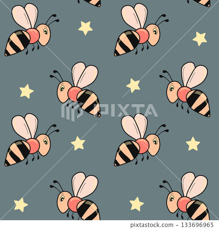 Seamless pattern with bees on color background. Small wasp. Vector illustration. Adorable cartoon character. Template design for invitation, cards, textile, fabric. Doodle style Seamless pattern with bees on color background. Small wasp. Vector illustration. Adorable cartoon character. Template design for invitation, cards, textile, fabric. Doodle style 133696965