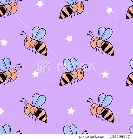 Seamless pattern with bees on color background. Small wasp. Vector illustration. Adorable cartoon character. Template design for invitation, cards, textile, fabric. Doodle style 133696967