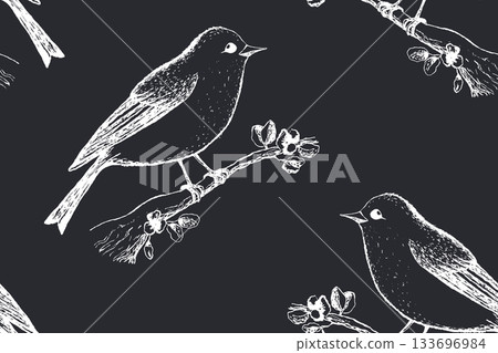 Seamless pattern with funny birds, flowers, leaves. Flat vector illustration with cartoon bird silhouette. Cute characters. Design for invitation, poster, card, textile, fabric Seamless pattern with funny birds, flowers, leaves. Flat vector illustration with cartoon bird silhouette. Cute characters. Design for invitation, poster, card, textile, fabric 133696984