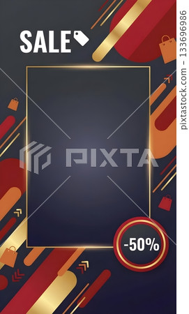 Elegant vertical sale banner with dark background, golden frame, red geometric accents, and -50 badge 133696986
