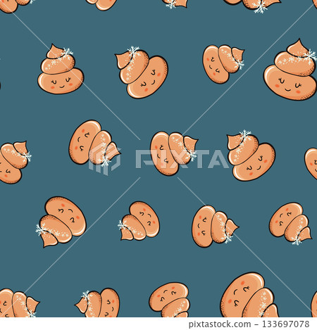 Seamless pattern with kawaii poop on white background. Cartoon poo, feces icons. Shit patterns, evil turd. Vector illustration for invitation, poster, card, fabric, textile. Doodle style Seamless pattern with kawaii poop on white background. Cartoon poo, feces icons. Shit patterns, evil turd. Vector illustration for invitation, poster, card, fabric, textile. Doodle style 133697078
