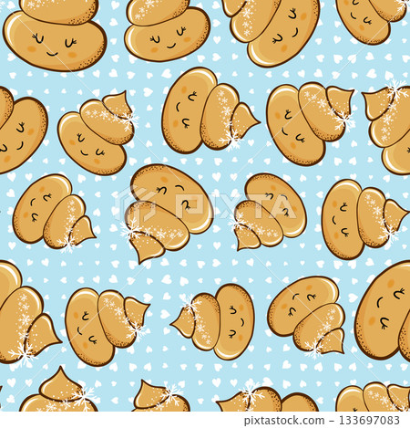 Seamless pattern with kawaii poop on white background. Cartoon poo, feces icons. Shit patterns, evil turd. Vector illustration for invitation, poster, card, fabric, textile. Doodle style Seamless pattern with kawaii poop on white background. Cartoon poo, feces icons. Shit patterns, evil turd. Vector illustration for invitation, poster, card, fabric, textile. Doodle style 133697083