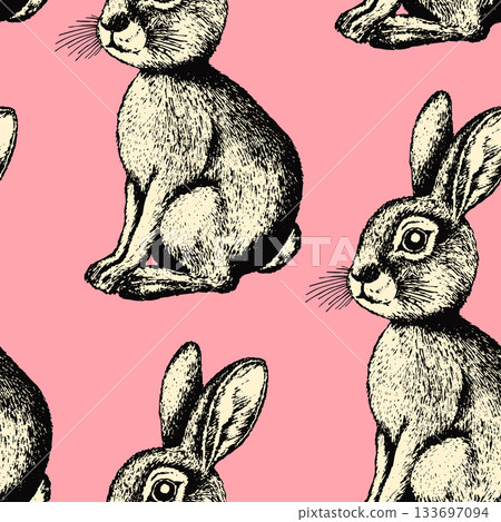 Seamless pattern with silhouette cute bunny, Easter rabbit, hare on color background. Design for card, postcard, wallpaper, fabric, textile. Vector illustration. Cartoon style Seamless pattern with silhouette cute bunny, Easter rabbit, hare on color background. Design for card, postcard, wallpaper, fabric, textile. Vector illustration. Cartoon style 133697094