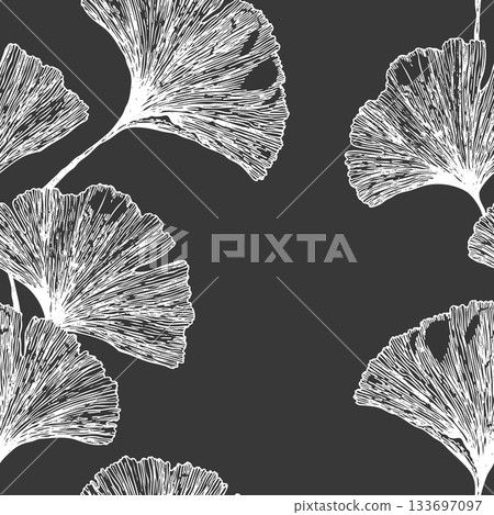 Seamless floral pattern with ginkgo biloba leaves. Art flowers on color background. Decorative sceleton leaf. Vector hand drawn illustration. Minimal linear style 133697097