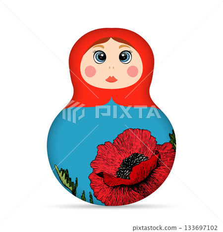 Russian Matryoshka. Traditional Russian folklore dolls with big eyes and lips. Babushka doll with hohloma, traditional painted floral pattern. Hand drawn vector illustration 133697102