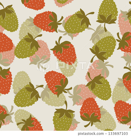 Seamless pattern with strawberry on color background. Natural delicious fresh ripe tasty fruit. Vector illustration for print, fabric, textile, banner, other design. Food concept 133697103