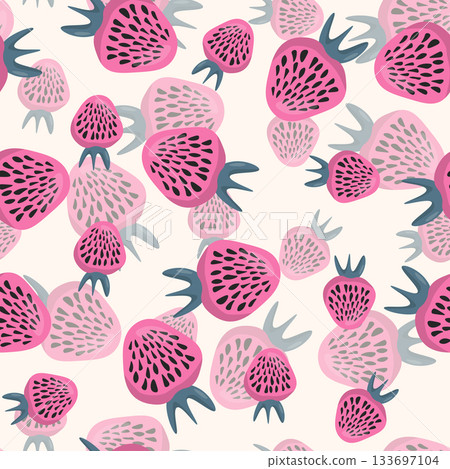 Seamless pattern with strawberry on color background. Natural delicious fresh ripe tasty fruit. Vector illustration for print, fabric, textile, banner, other design. Food concept Seamless pattern with strawberry on color background. Natural delicious fresh ripe tasty fruit. Vector illustration for print, fabric, textile, banner, other design. Food concept 133697104