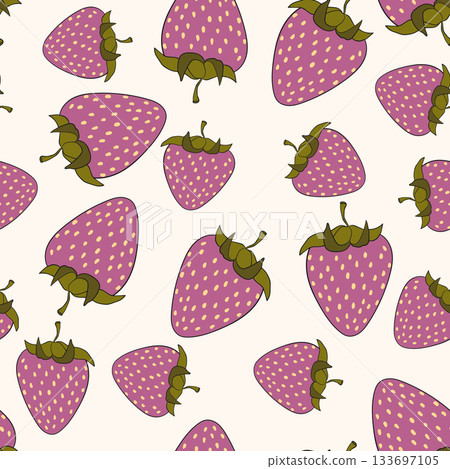 Seamless pattern with strawberry on color background. Natural delicious fresh ripe tasty fruit. Vector illustration for print, fabric, textile, banner, other design. Food concept Seamless pattern with strawberry on color background. Natural delicious fresh ripe tasty fruit. Vector illustration for print, fabric, textile, banner, other design. Food concept 133697105