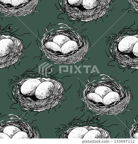 Spring seamless pattern with Bird nest with eggs. Easter hand drawn vector illustration, holiday design Spring seamless pattern with Bird nest with eggs. Easter hand drawn vector illustration, holiday design 133697112