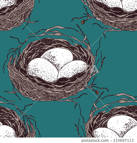 Spring seamless pattern with Bird nest with eggs. Easter hand drawn vector illustration, holiday design Spring seamless pattern with Bird nest with eggs. Easter hand drawn vector illustration, holiday design 133697113