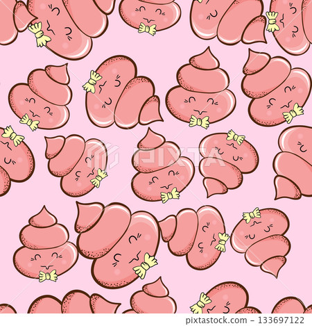 Seamless pattern with kawaii poop on color background. Cartoon poo, feces icons. Shit patterns, evil turd. Vector illustration for invitation, poster, card, fabric, textile. Doodle style 133697122