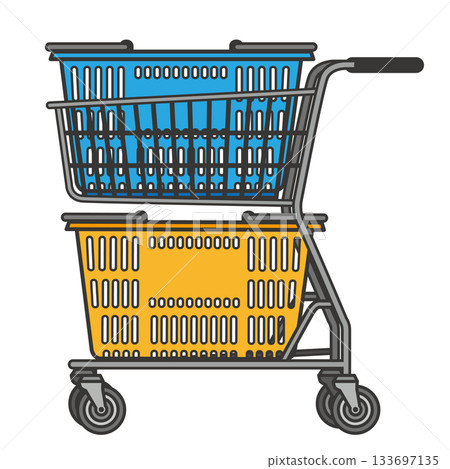 Illustration of a two-tiered shopping cart (top blue, bottom orange) 133697135