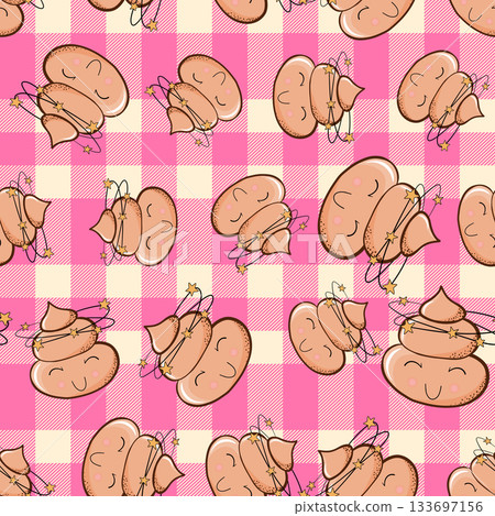 Seamless pattern with kawaii poop on color background. Cartoon poo, feces icons. Shit patterns, evil turd. Vector illustration for invitation, poster, card, fabric, textile. Doodle style 133697156