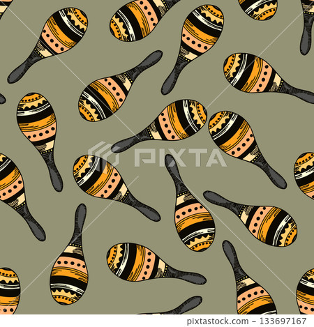 Seamless pattern with Cuban or Mexican maracas. Musical instrument. Wild West, Mexico concept. Vector drawing background for textile, wallpaper, packaging, fabric 133697167