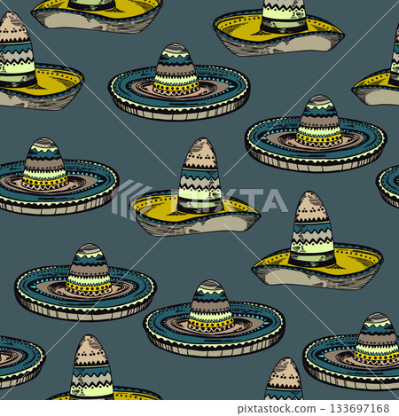 Seamless patterm with Mexican ethnic sombrero hat. Vector drawing illustration for packaging, wallpaper, fabric. Wild west, Mexico, Cuba concept. Traditional Mexican wide brimmed hat 133697168