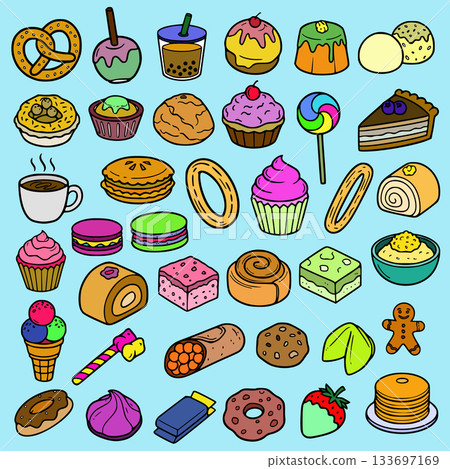 A vibrant, cartoon-style illustration featuring a large variety of colorful dessert and sweet food icons on a light blue background. The collection includes popular items such as donuts, cupcakes, mac A vibrant, cartoon-style illustration featuring a large variety of colorful dessert and sweet food icons on a light blue background. The collection includes popular items such as donuts, cupcakes, mac 133697169