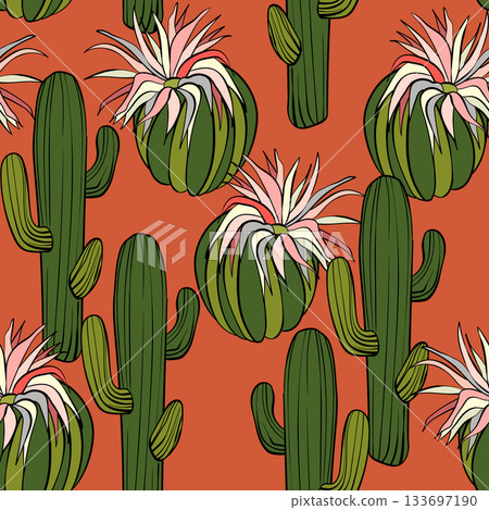Seamless pattern with cacti, blooming succulent on color background. Vector hand drawn illustration for packaging, fabric, textile. Wild west cactus, western concept 133697190