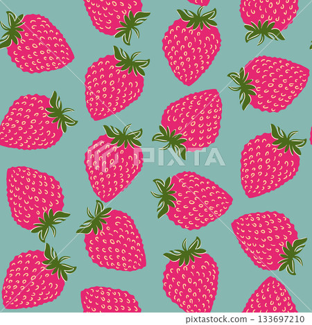 Seamless pattern with strawberry on color background. Natural delicious fresh ripe tasty fruit. Vector illustration for print, fabric, textile, banner, other design. Food concept Seamless pattern with strawberry on color background. Natural delicious fresh ripe tasty fruit. Vector illustration for print, fabric, textile, banner, other design. Food concept 133697210