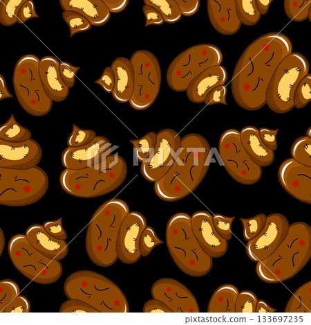 Seamless pattern with kawaii poop on color background. Cartoon poo, feces icons. Shit patterns, evil turd. Vector illustration for invitation, poster, card, fabric, textile. Doodle style Seamless pattern with kawaii poop on color background. Cartoon poo, feces icons. Shit patterns, evil turd. Vector illustration for invitation, poster, card, fabric, textile. Doodle style 133697235