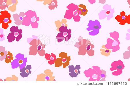 Seamless floral pattern based on traditional folk art ornaments. Colorful flowers on color background. Scandinavian style. Sweden nordic style. Vector illustration. Simple minimalistic pattern. 133697250