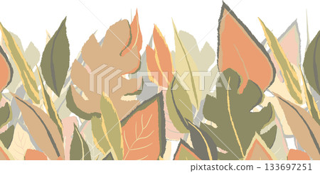 Floral frame with colorful exotic branches on white background. Ornate border with tropic leaves. Vector stock illustration for wallpaper, posters, card. Doodle style. Copy space Floral frame with colorful exotic branches on white background. Ornate border with tropic leaves. Vector stock illustration for wallpaper, posters, card. Doodle style. Copy space 133697251