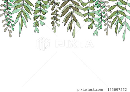 Floral frame with colorful exotic branches on white background. Ornate border with tropic leaves. Vector stock illustration for wallpaper, posters, card. Doodle style. Copy space 133697252