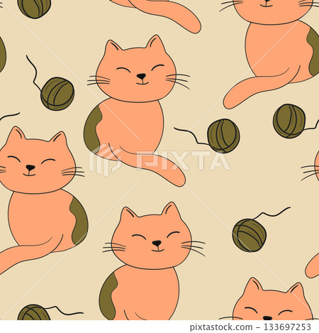 Seamless pattern with cute kitten print. Different scandy cats on color background. Scandinavian style illustration for kids. Vector illustration for fabric, textile, wallpaper, home clothing, pajama Seamless pattern with cute kitten print. Different scandy cats on color background. Scandinavian style illustration for kids. Vector illustration for fabric, textile, wallpaper, home clothing, pajama 133697253