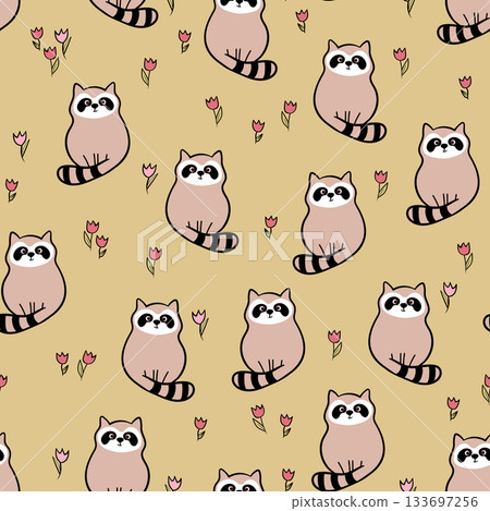 Vector seamless repeating childish pattern with cute raccoon in doodle style. Animals background for invitation, poster, card, flyer, textile, fabric Vector seamless repeating childish pattern with cute raccoon in doodle style. Animals background for invitation, poster, card, flyer, textile, fabric 133697256