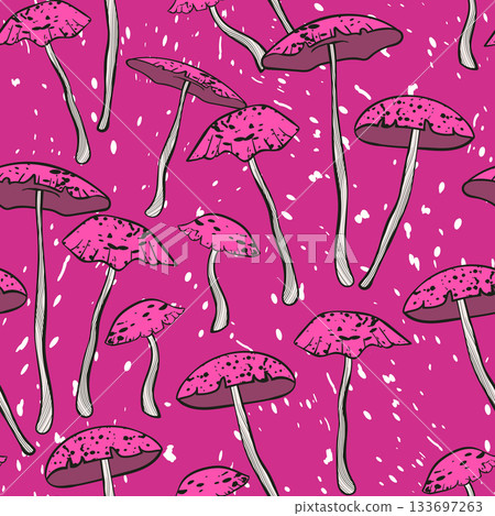Seamless pattern with mushrooms. Hand drawn vector illustration. Vegan food menu. Poisonous and edible mushroom. Autumn mushroom picking, forest plant sketches Seamless pattern with mushrooms. Hand drawn vector illustration. Vegan food menu. Poisonous and edible mushroom. Autumn mushroom picking, forest plant sketches 133697263