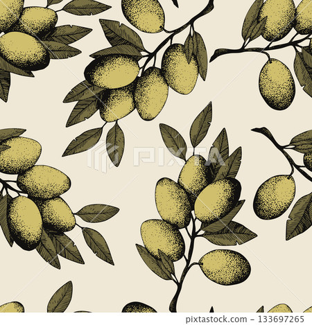 Seamless pattern with olive branch. Ink hand drawn olives background. Botanic plant vector illustration for print, fabric, textile. A sprig of an olive tree with leaves. Food concept 133697265