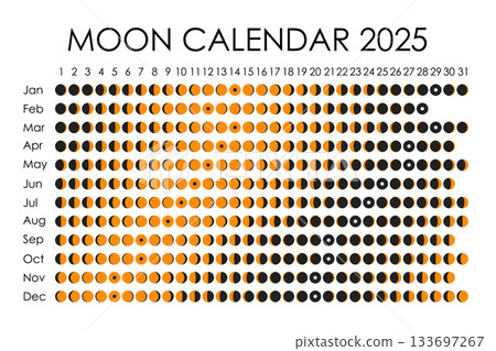 2025 Moon calendar. Astrological calendar design. planner. Place for stickers. Month cycle planner mockup. Isolated black and white background 133697267