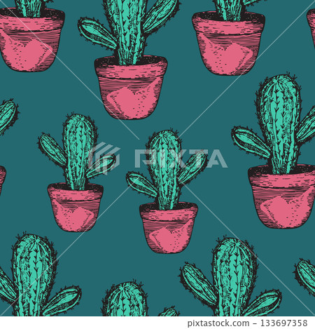Seamless pattern with cacti, blooming succulent on color background. Vector hand drawn illustration for packaging, fabric, textile. Wild west cactus, western concept Seamless pattern with cacti, blooming succulent on color background. Vector hand drawn illustration for packaging, fabric, textile. Wild west cactus, western concept 133697358