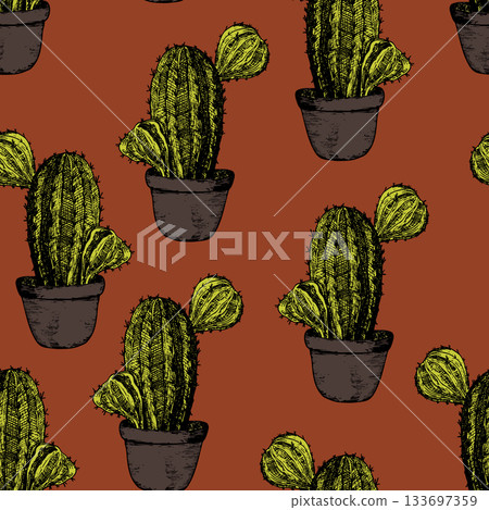 Seamless pattern with cacti, blooming succulent on color background. Vector hand drawn illustration for packaging, fabric, textile. Wild west cactus, western concept Seamless pattern with cacti, blooming succulent on color background. Vector hand drawn illustration for packaging, fabric, textile. Wild west cactus, western concept 133697359