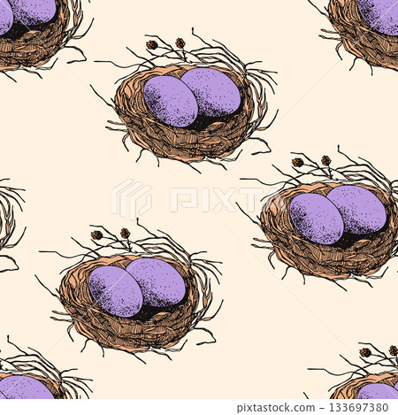 Spring seamless pattern with Bird nest with eggs. Easter hand drawn vector illustration, holiday design 133697380