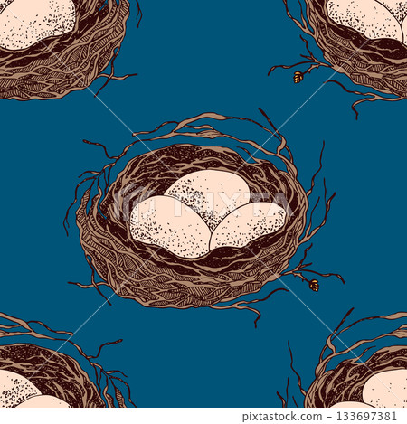 Spring seamless pattern with Bird nest with eggs. Easter hand drawn vector illustration, holiday design 133697381
