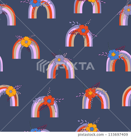 Trendy seamless pattern with colorful rainbow on color background. Design for invitation, poster, card, fabric, textile, fabric. Cute holiday illustration for baby. Scandinavian doodle style 133697409