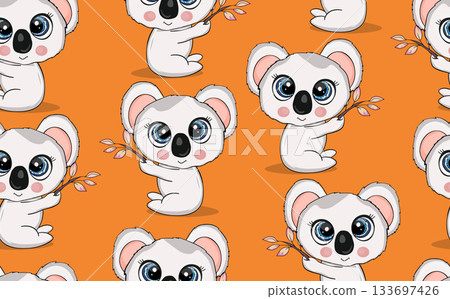 Seamless pattern with cute koala baby on color background. Funny australian animals. Card, postcards for kids. Flat vector illustration for fabric, textile, wallpaper, poster, paper 133697426