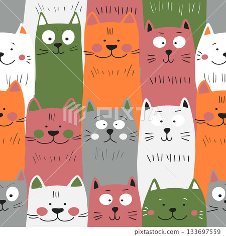 Seamless pattern with cute kitten print. Different scandy cats on color background. Scandinavian style illustration for kids. Vector illustration for fabric, textile, wallpaper, home clothing, pajama Seamless pattern with cute kitten print. Different scandy cats on color background. Scandinavian style illustration for kids. Vector illustration for fabric, textile, wallpaper, home clothing, pajama 133697559
